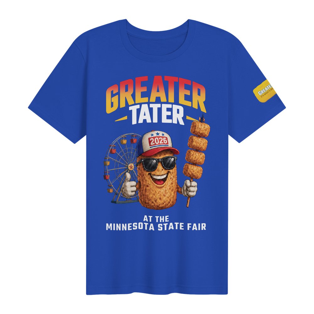 State Fair 2026 — royal blue tee with the Greater Tater mascot holding Tater Kegs on a stick at the fair