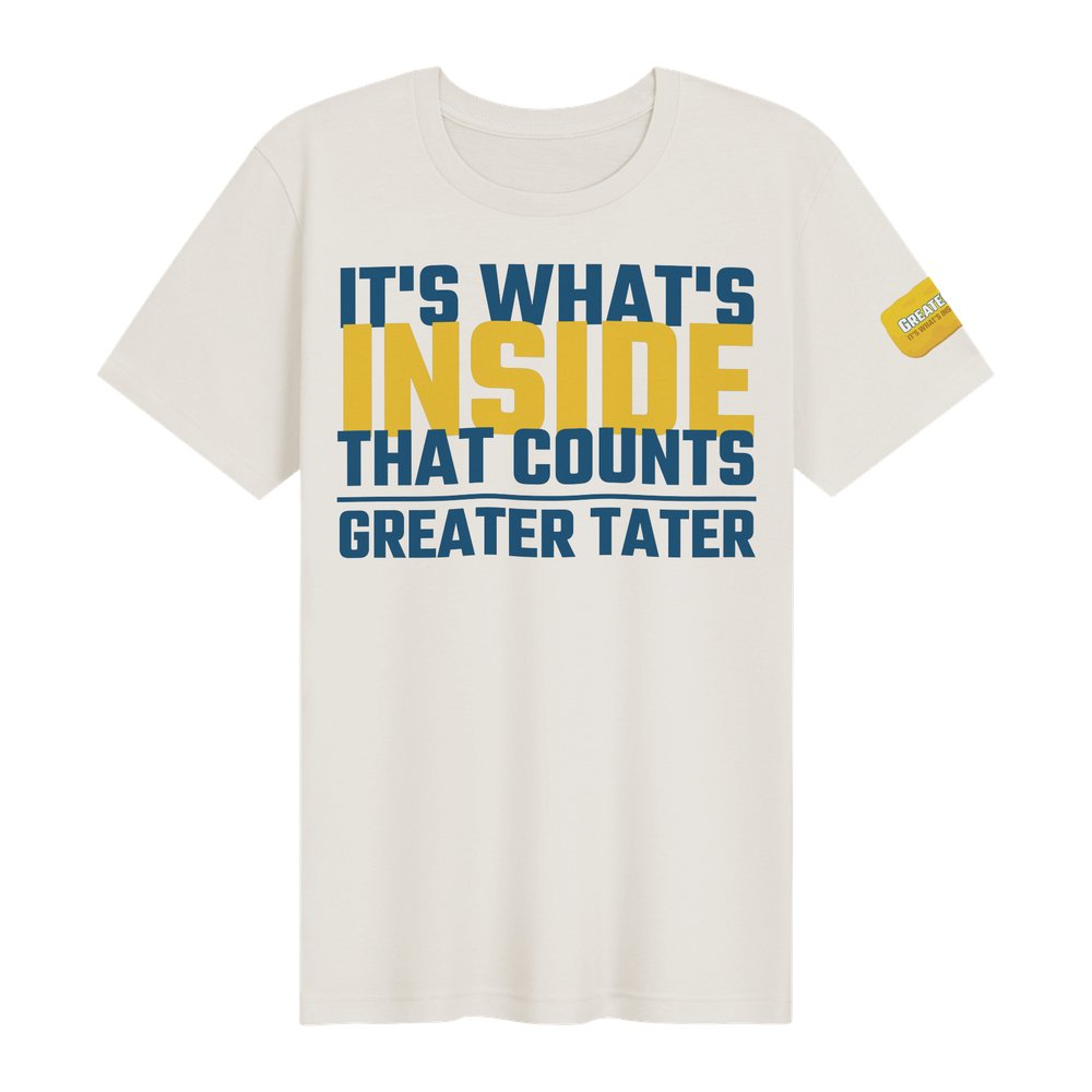 What Counts — natural tee with It's What's Inside That Counts in blue and gold type